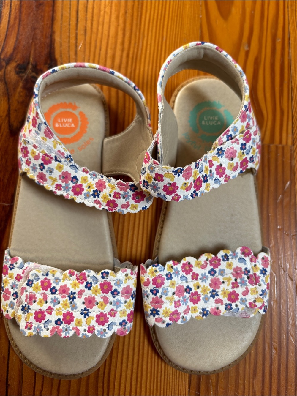 Livie & Luca Floral Scallop Strap Sandals in Pink, Yellow & Blue